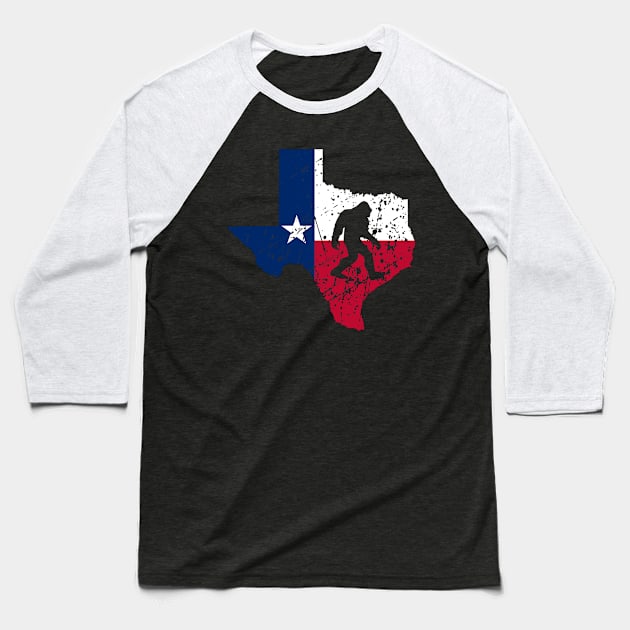 Texas Bigfoot Sasquatch, Funny Vintage Squatch Texan Map Flag Big Foot Gift Baseball T-Shirt by Printofi.com